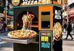 Property manager reviewing a modern pizza vending machine in a commercial building