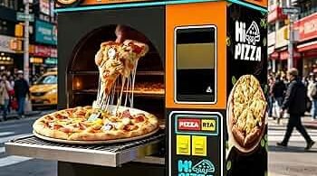Property manager reviewing a modern pizza vending machine in a commercial building