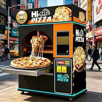 Property manager reviewing a modern pizza vending machine in a commercial building