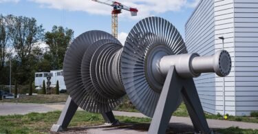 A large turbine displayed outside the Gosgen Nuclear Power Plant