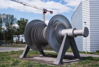 A large turbine displayed outside the Gosgen Nuclear Power Plant