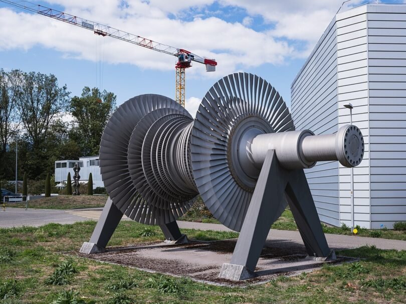 A large turbine displayed outside the Gosgen Nuclear Power Plant