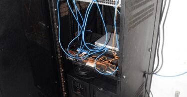 network cables in a blue-lit server room