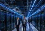 Rows of server racks inside a modern AI data centre with engineers walking between them