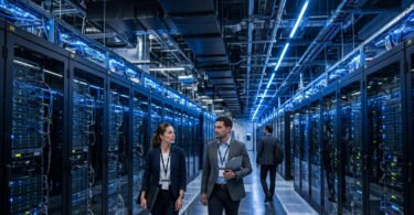 Rows of server racks inside a modern AI data centre with engineers walking between them