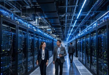 Rows of server racks inside a modern AI data centre with engineers walking between them