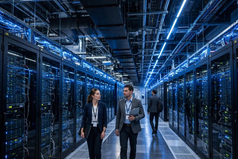 Rows of server racks inside a modern AI data centre with engineers walking between them