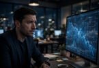 Publisher in a modern newsroom looking at declining website traffic analytics on a large monitor