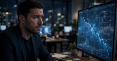 Publisher in a modern newsroom looking at declining website traffic analytics on a large monitor