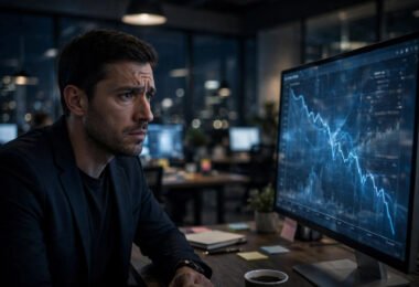 Publisher in a modern newsroom looking at declining website traffic analytics on a large monitor