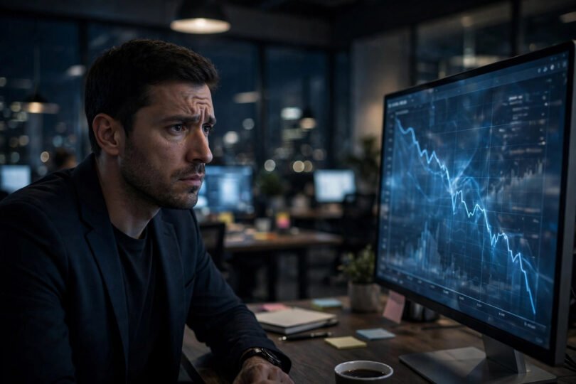 Publisher in a modern newsroom looking at declining website traffic analytics on a large monitor